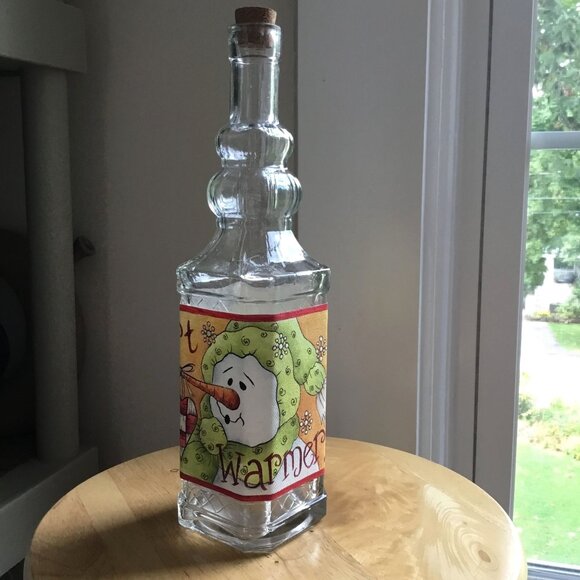 VTG Hand-Painted Glass Bottle 12" Snowman Heart Warmer Folk Art Signed 2010 Cork - Picture 5 of 7